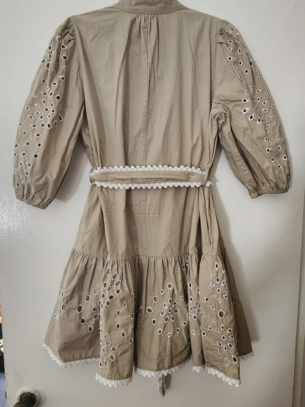 Christian Lacroix Beige Eyelet Embroidered Cotton Dress with White Trim - Picture 2 of 4